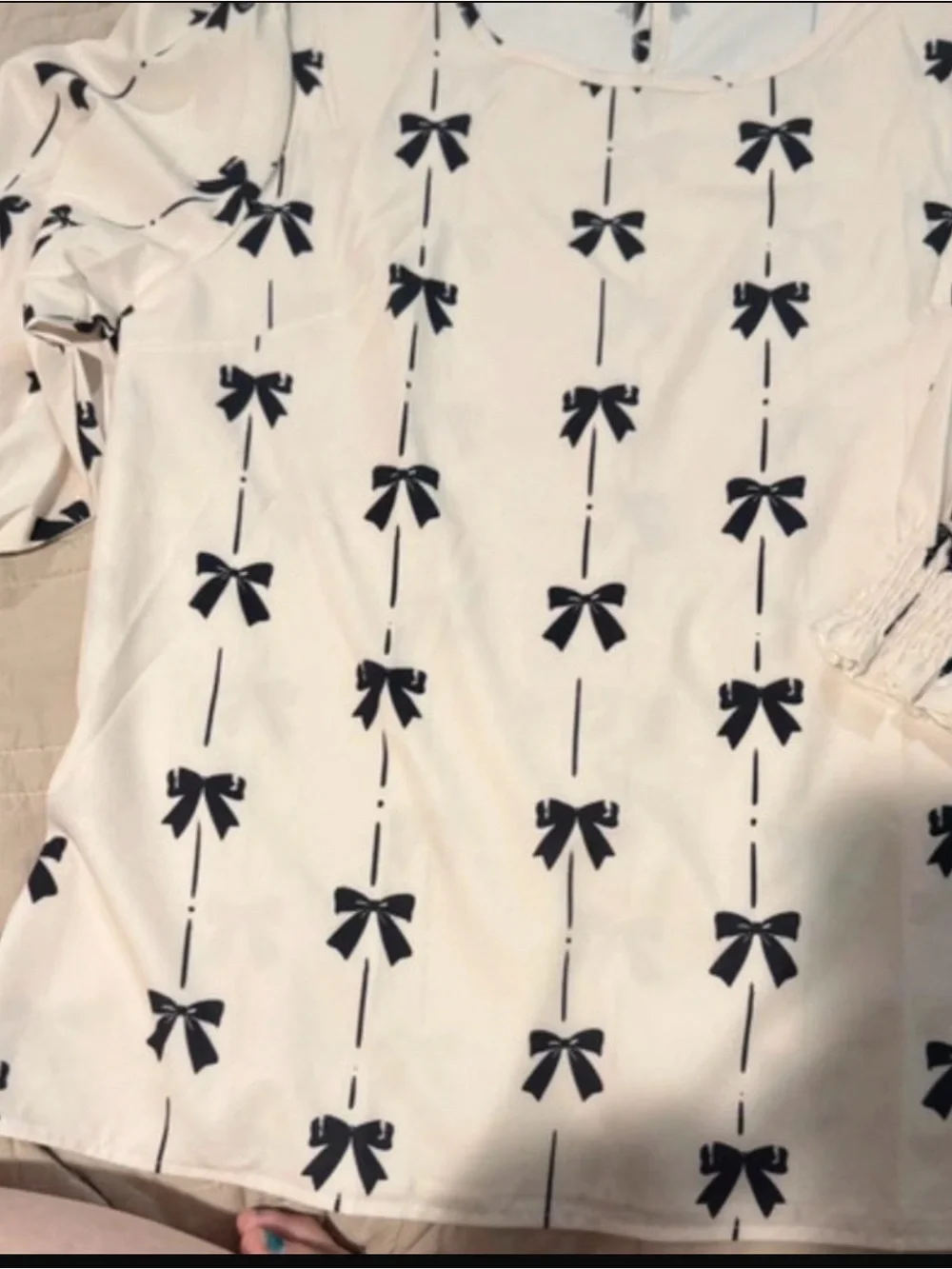 SHEIN Cream Blouse with Black Bow Print and Puff Sleeves - Picture 3 of 4